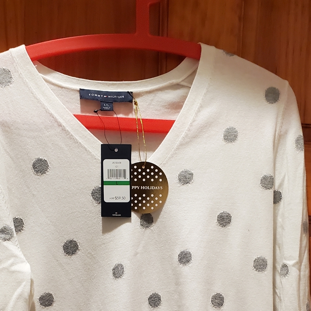 Tommy Hilfilger Holiday Sweater white with silver circles size L
